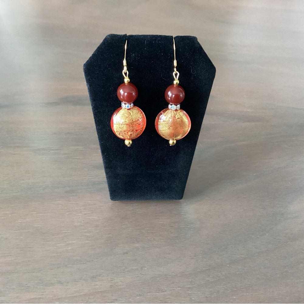 New Gold, Orange and Wine, Dangling Earrings with Beaded Glass. Artisan crafted.